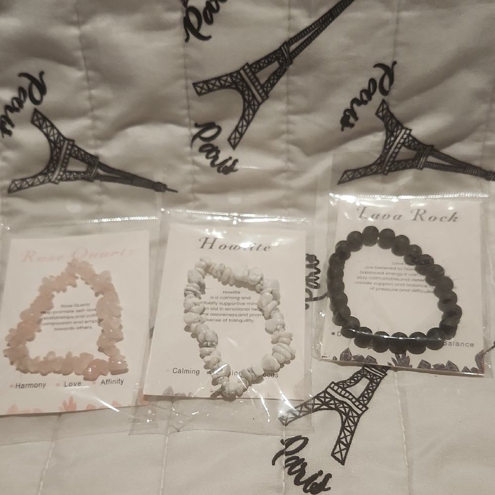 Set of Three Stone Bracelets - Rose Quartz, Howlite, and Lava Rock